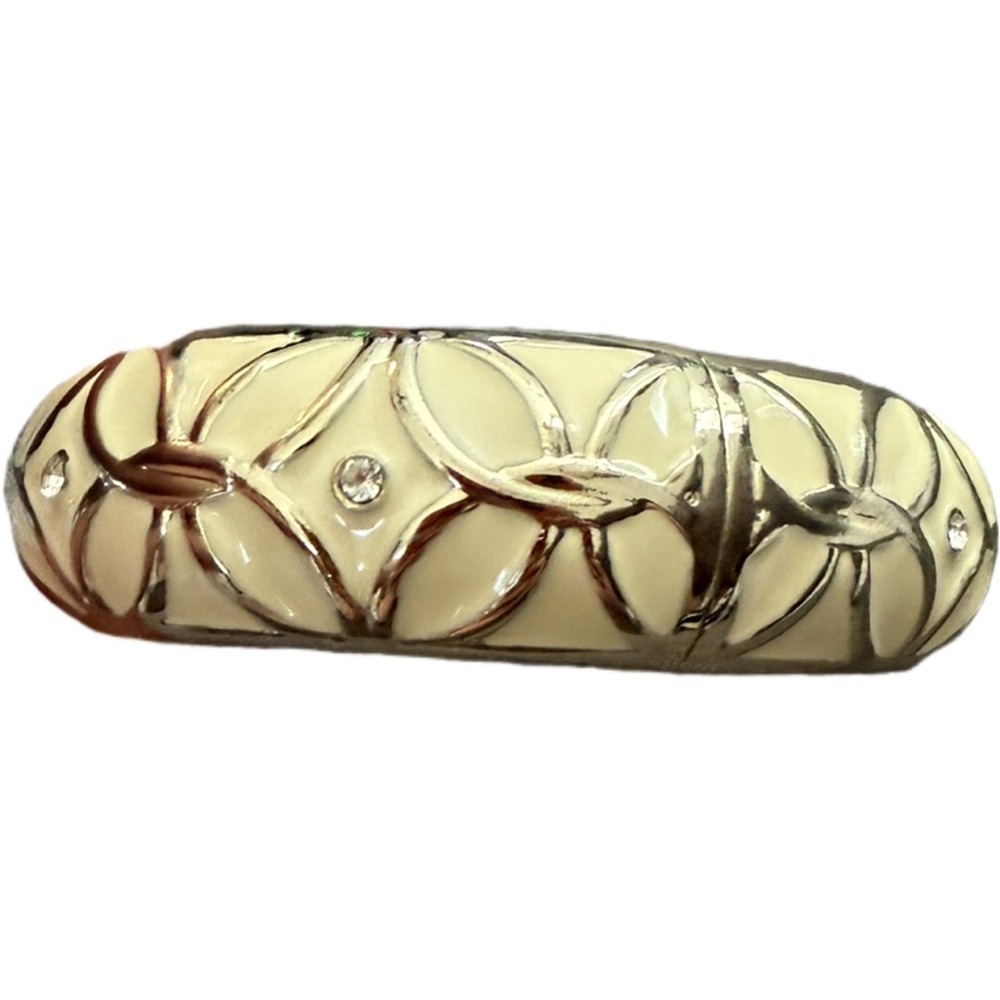 Vintage Rhinestone Enamel Cream Colored Magnet Cuff Bracelet Hinge Bangle